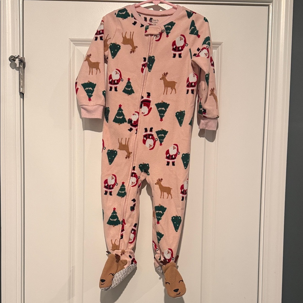 Carter's Pink Holiday Footie with Santa and Reindeer